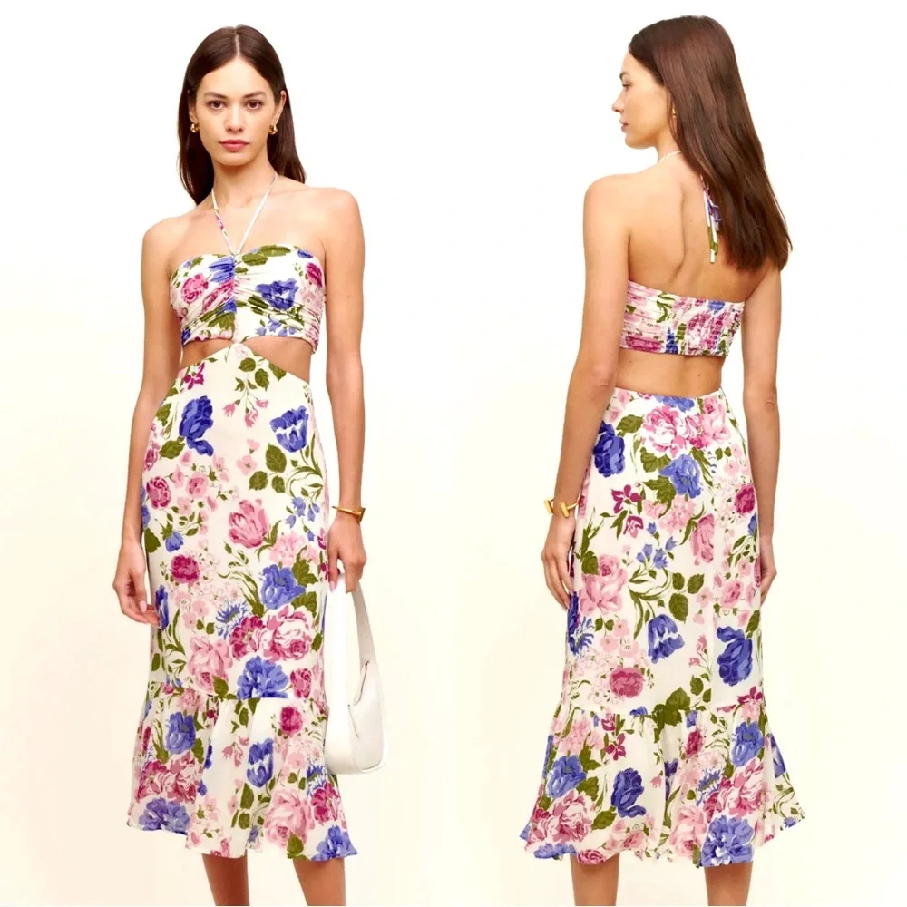 🌺🎉HP🎉🌺 NWT Reformation Riya Cutout Floral Print Halter Dress - Picture 9 of 13